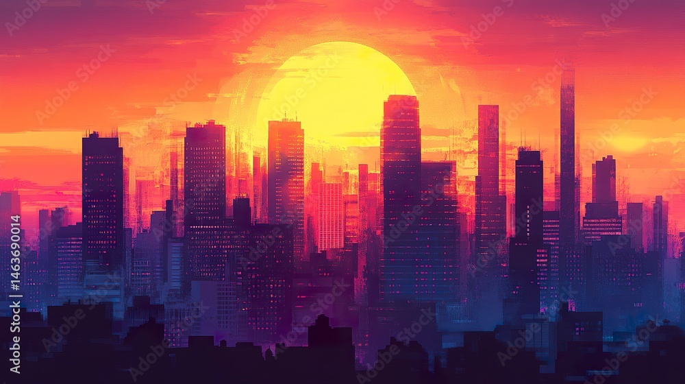 The setting sun creates dramatic silhouettes of a bustling city skyline, tall buildings outlined against a fiery sky blending red, orange, and purple tones The setting sun creates dramatic silhouettes of a bustling city skyline, tall buildings outlined against a fiery sky blending red, orange, and purple tones