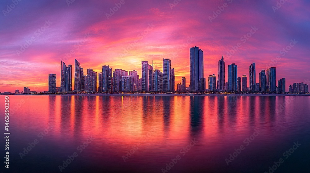 The skyline of a modern city bathed in the vibrant hues of a setting sun, tall buildings creating striking contrasts against the colorful evening sky The skyline of a modern city bathed in the vibrant hues of a setting sun, tall buildings creating striking contrasts against the colorful evening sky