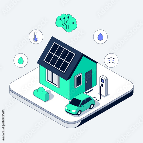 Smart Eco House integrates Solar Panels and electric car charger. Artificial intelligence sensors monitor temperature, humidity and air quality. Sustainable home system