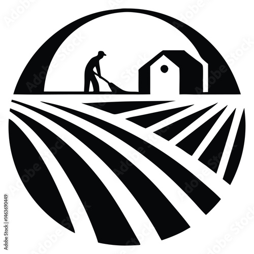 Farmer Working Field Barn Agriculture Farmland Rural Countryside Black White Icon Graphic Design