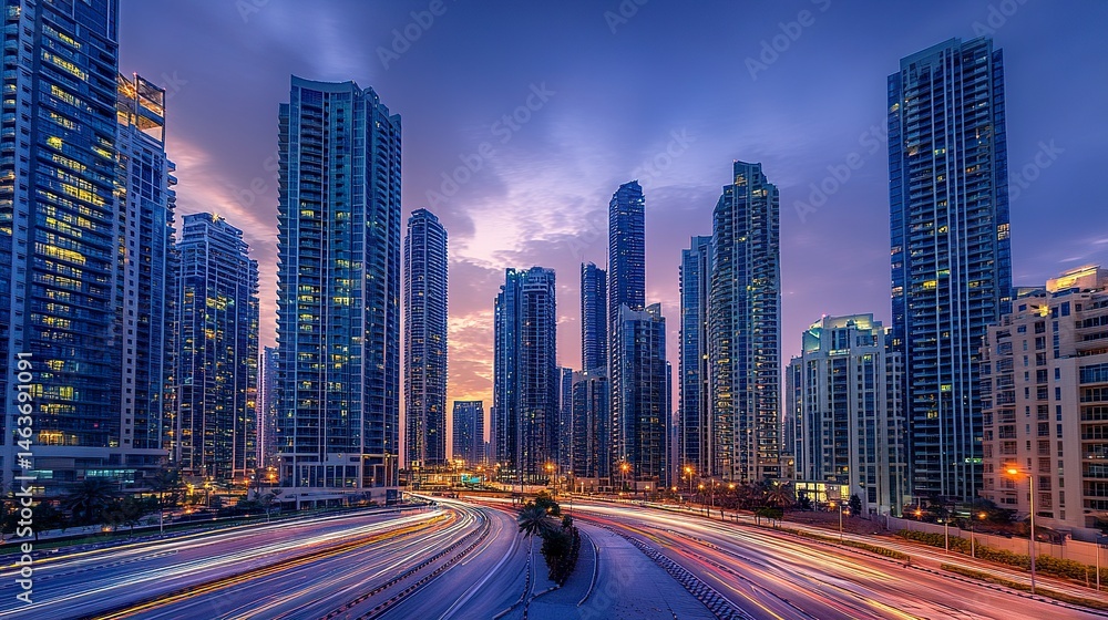 Towering skyscrapers dominate the view as twilight settles, their illuminated surfaces reflecting the last light of day, creating a captivating urban panorama Towering skyscrapers dominate the view as twilight settles, their illuminated surfaces reflecting the last light of day, creating a captivating urban panorama