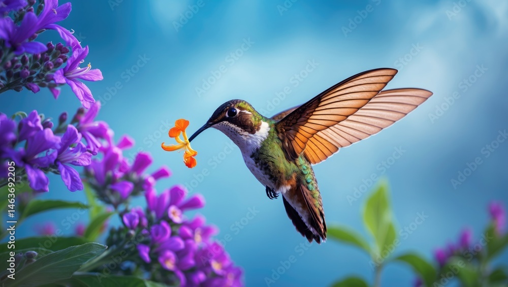 Fototapeta premium Tiny hummingbird moth collecting nectar from flowers under a bright sky