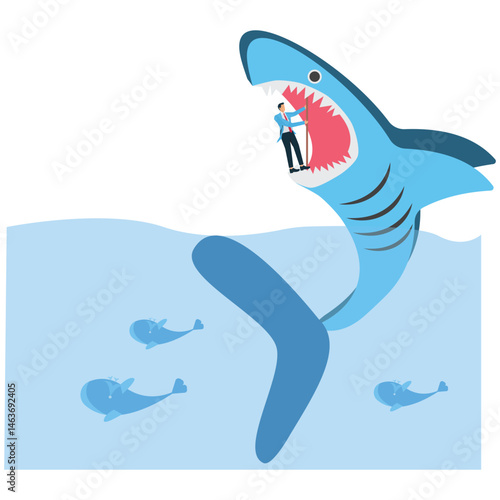 Businessmen caught in a crisis or risk, survival issues, businessmen struggling to resist sharks closing their mouths