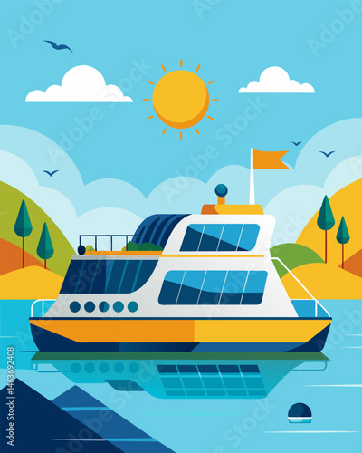 The gentle hum of the electric engine on the solarpowered ferry creates a peaceful atmosphere perfect for a relaxing day on the water.. Vector illustration