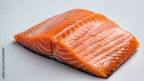 Delicious raw salmon fillet displayed on white surface