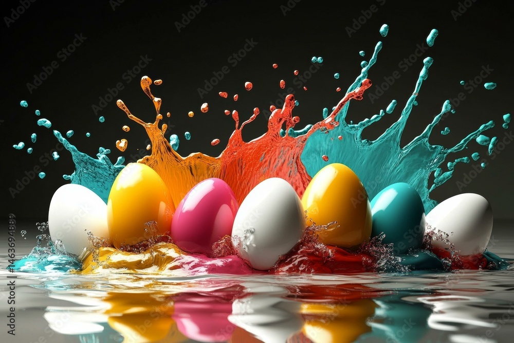 Colorful Easter Eggs Splashing in Water