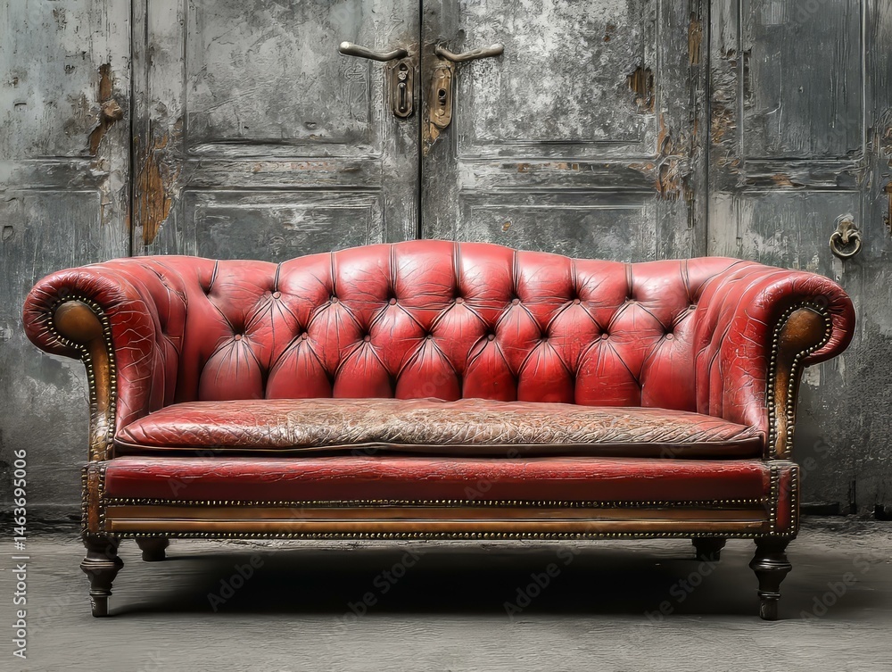 Vintage Red Leather Chesterfield Sofa Against Distressed Gray Walls