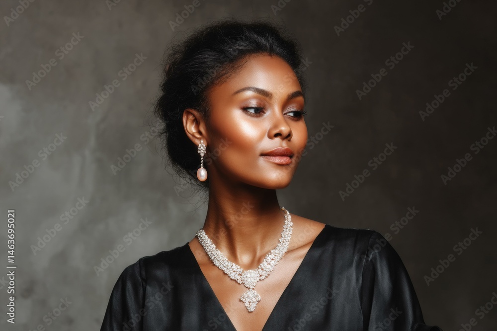 African Woman in Elegant Black Dress with Jewelry