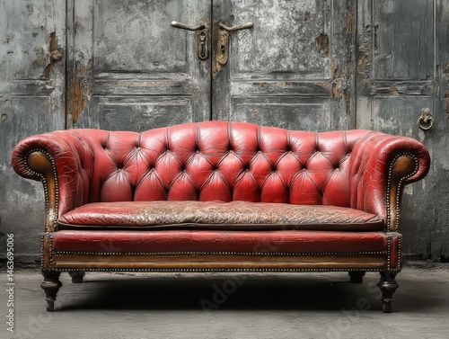 Vintage Red Leather Chesterfield Sofa Against Distressed Gray Walls