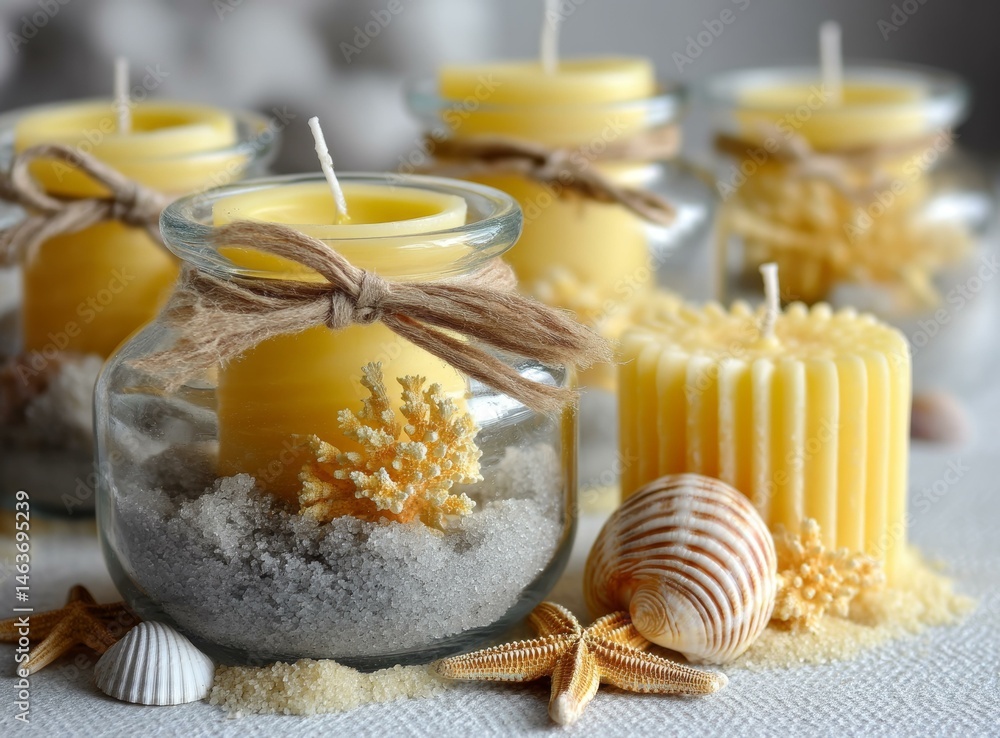 Scented Candles in Glass Jars Decorated with Seashells and Sand