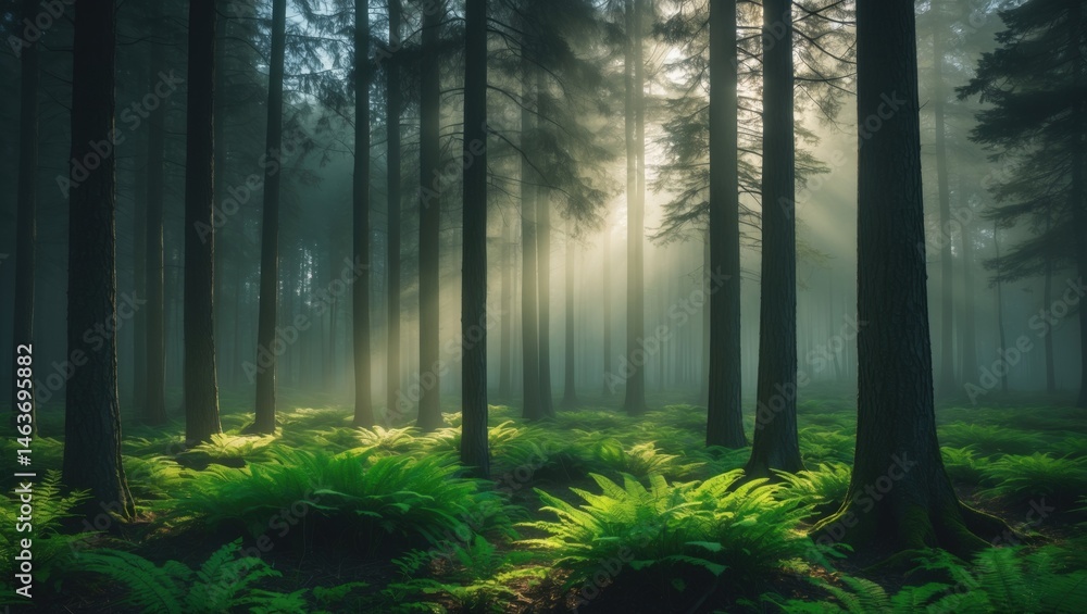 Fototapeta premium Panoramic Scene of Spruce Forest and Thick Vegetation