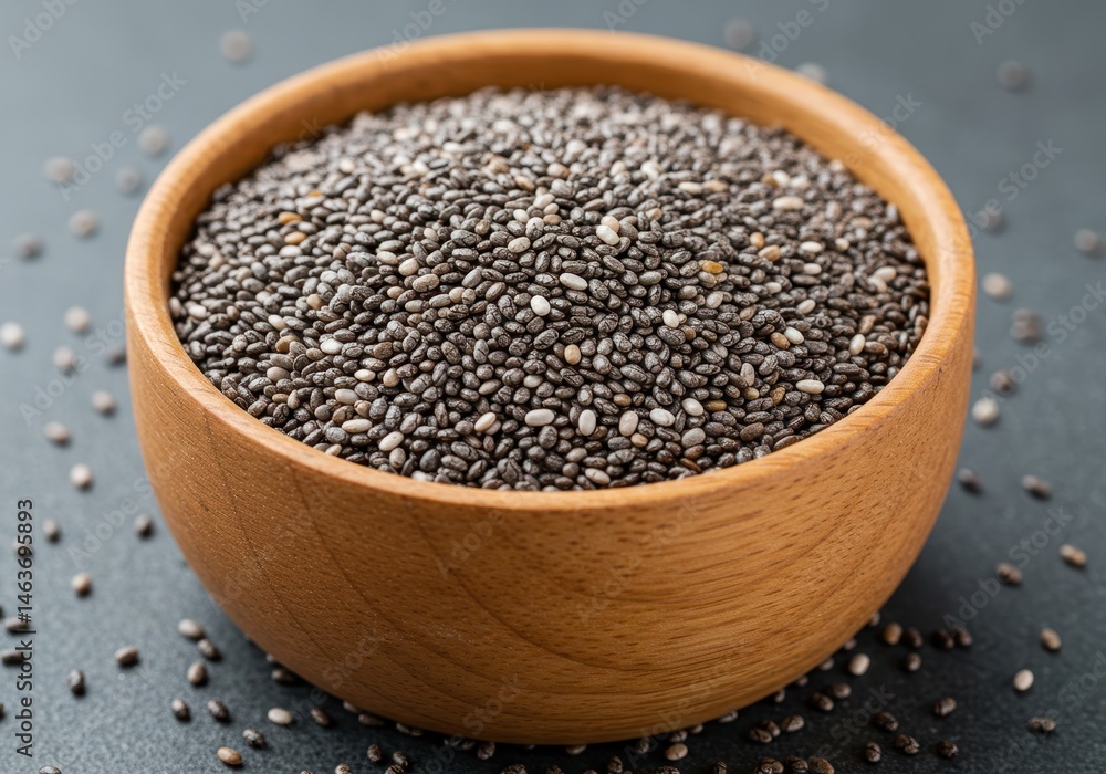 Chia seeds in wooden bowl on gray surface, healthy eating concept Chia seeds in wooden bowl on gray surface, healthy eating concept