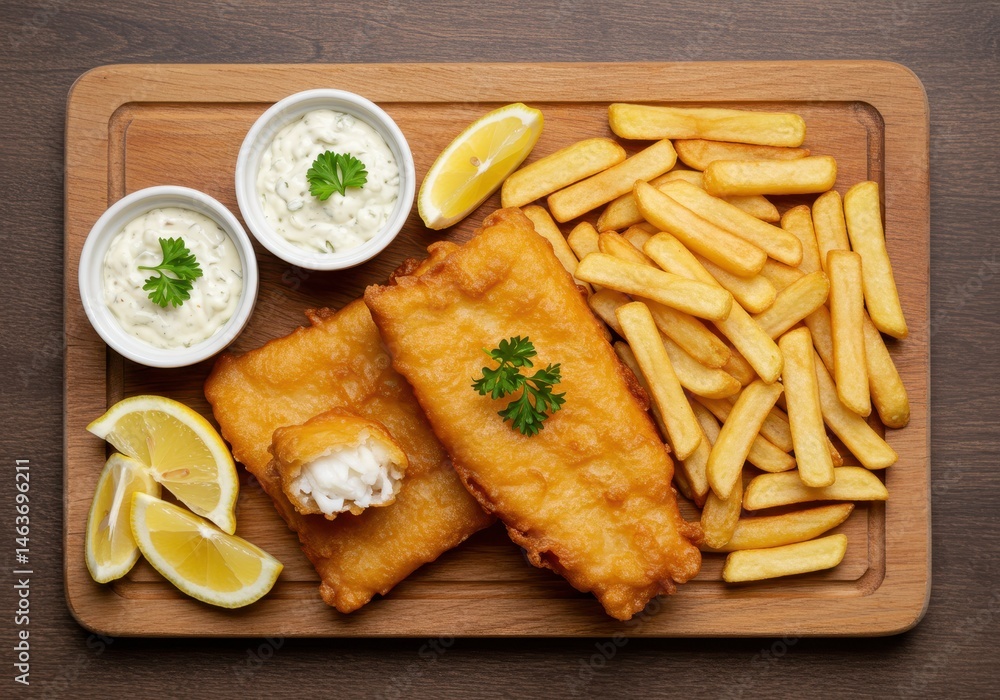 Overhead view of fish and chips with lemon and tartar sauce on wooden board Overhead view of fish and chips with lemon and tartar sauce on wooden board