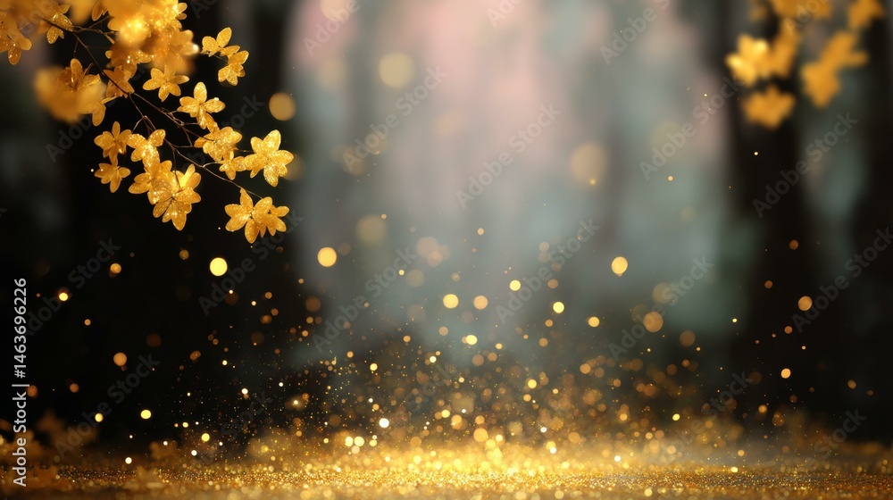 Golden Glitter Background with Flowers