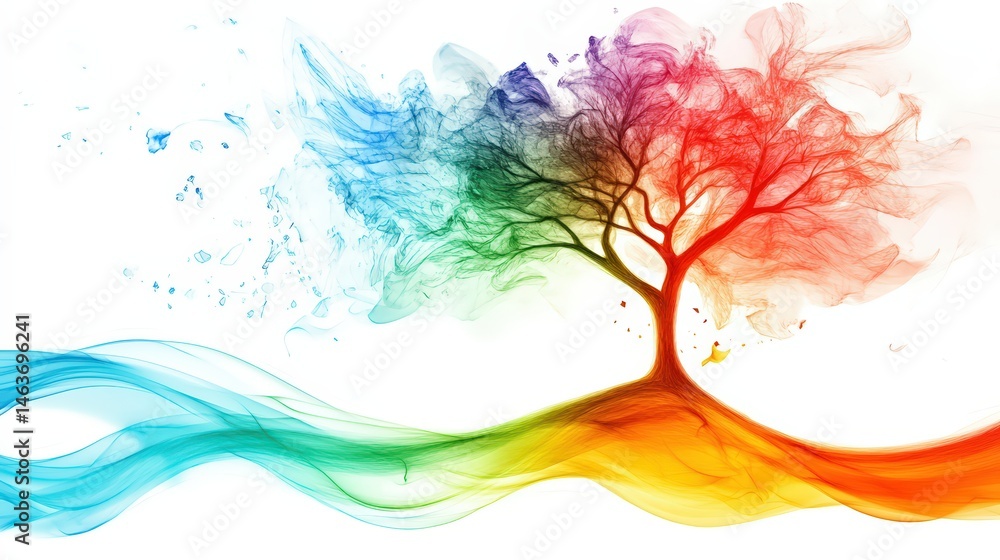 Obraz premium Colorful Abstract Tree of Life Painting with Vibrant Rainbow Smoke Effects