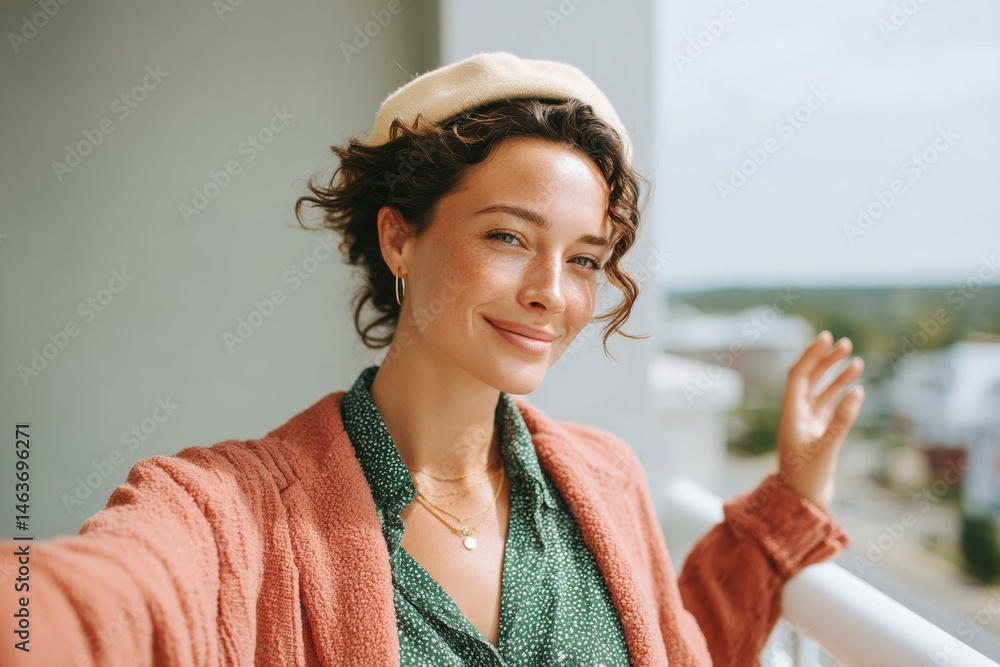 Woman Posing Outdoors on Balcony