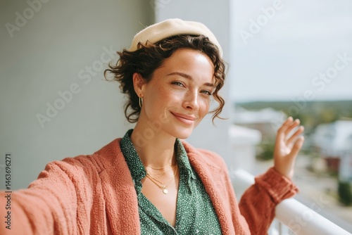 Obraz na płótnie Woman Posing Outdoors on Balcony w salonie