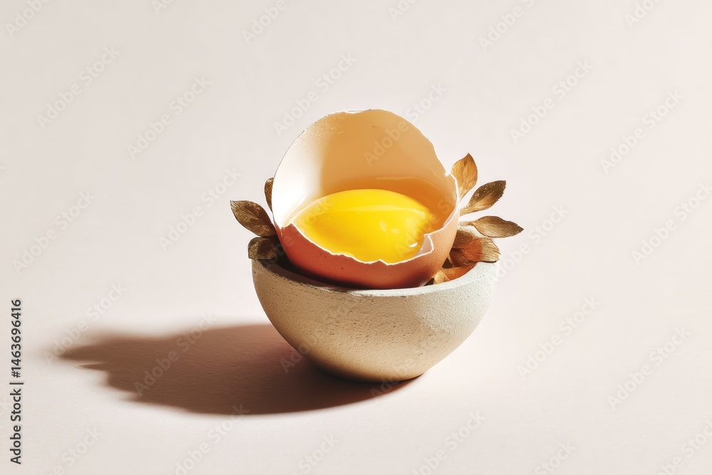 Broken Egg Yolk in a Bowl with Decorative Leaves