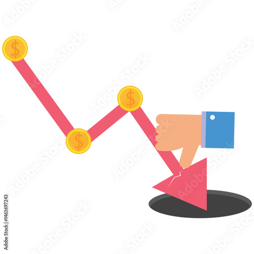 Reduced budget, cost or expense, decreased revenue, recession, inflation, currency devaluation, hand pressing down arrow
