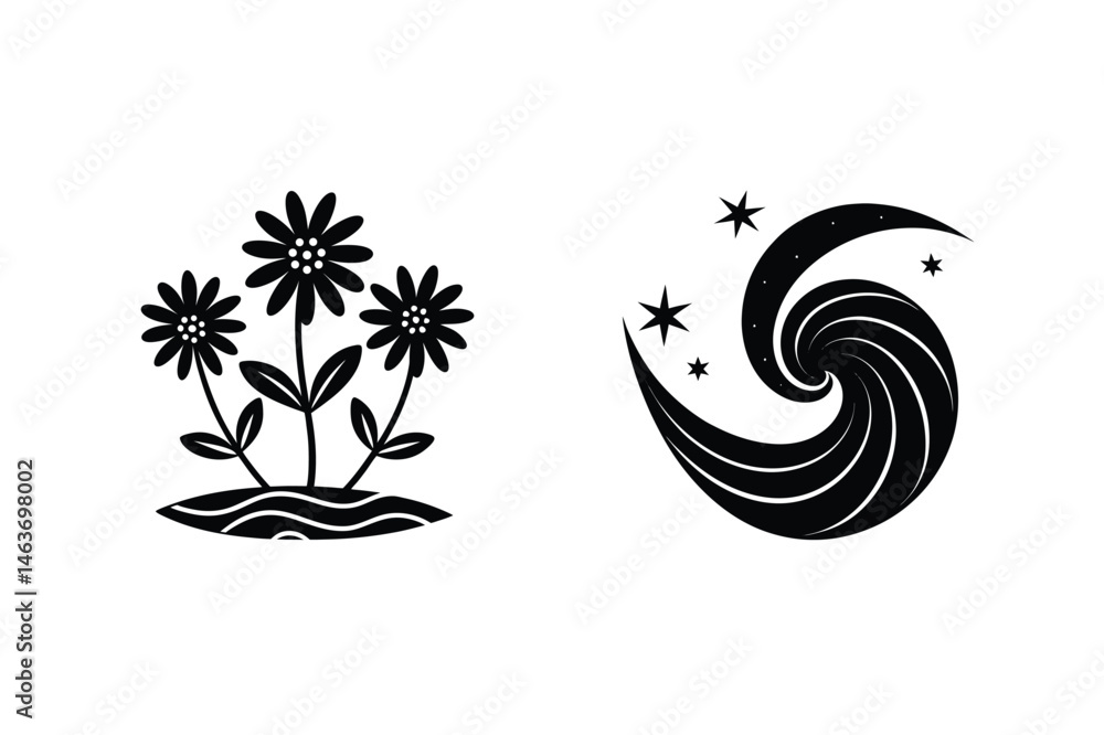 Fototapeta premium Black and white decorative floral and cosmic designs for creative illustration projects