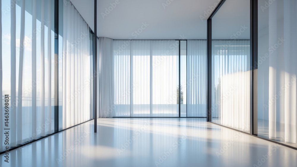 Fototapeta premium Bright, minimalist interior with a white curtain on glass wall and sunlight, spacious room setting