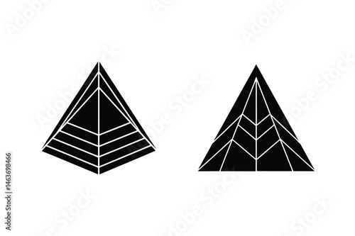 Two geometric black pyramids with detailed internal structures on a white background