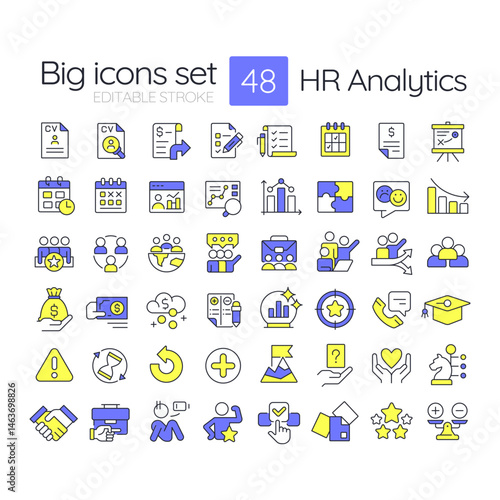 HR analysis line color icons set. Workforces productivity research. Company staff hiring strategy. Employee data. Vector illustrations. Simple flat colorful symbols collection. Editable stroke