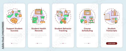 Student information system onboarding mobile app screen. Walkthrough 5 steps editable graphic instructions with linear concepts. UI, UX, GUI. Montserrat SemiBold, Regular fonts used
