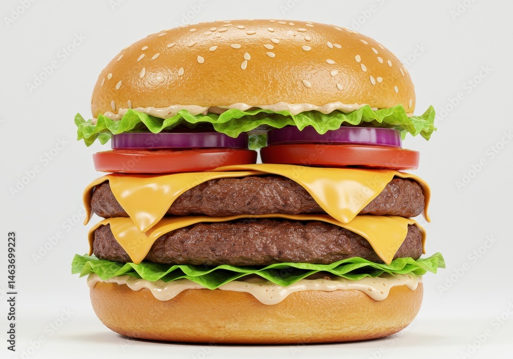 Double cheeseburger with lettuce tomato and onion on a sesame seed bun isolated Double cheeseburger with lettuce tomato and onion on a sesame seed bun isolated