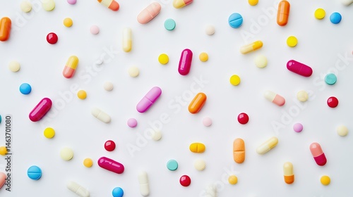 Colorful Pharmaceutical Pills and Capsules Arrayed on a White Background