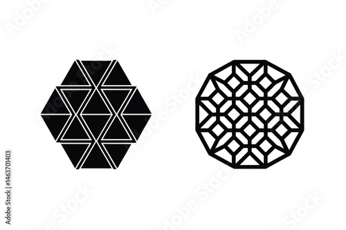 Geometric black and white design composed of triangles and decorative interlocking shapes