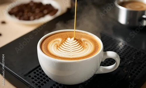 Close-Up of an Espresso Machine Creating Latte Art in a White Cup on a Sleek Black Surface