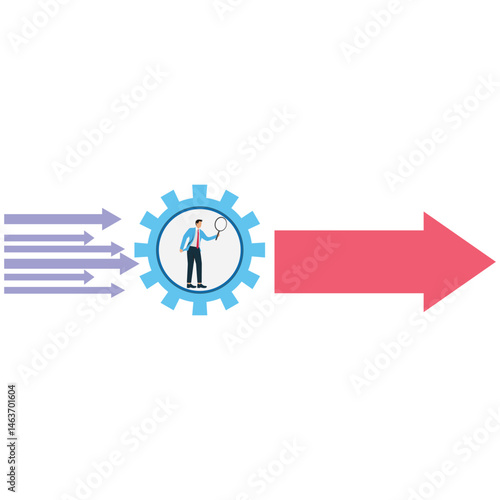 Streamlining a department, business or program, solving cumbersome ideas, projects or problems, a myriad of arrows that go through the gears to transform into a single yellow arrow
