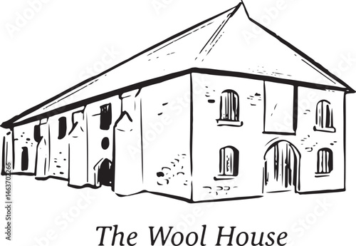 The Wool House, Southampton, England black and white ink sketch. Late 14th-century medieval warehouse with stone buttresses and arched doorways. Tourism, travel, and cultural heritage projects.