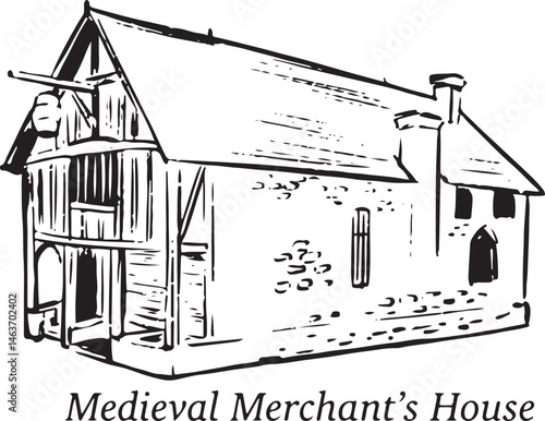 Medieval Merchant's House, Southampton, England black and white ink sketch. Restored 13th-century timber-framed townhouse with stone undercroft and jettied upper floor. Tourism, travel, culture