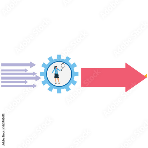 Streamlining a department, business or program, solving cumbersome ideas, projects or problems, a myriad of arrows that go through the gears to transform into a single yellow arrow
