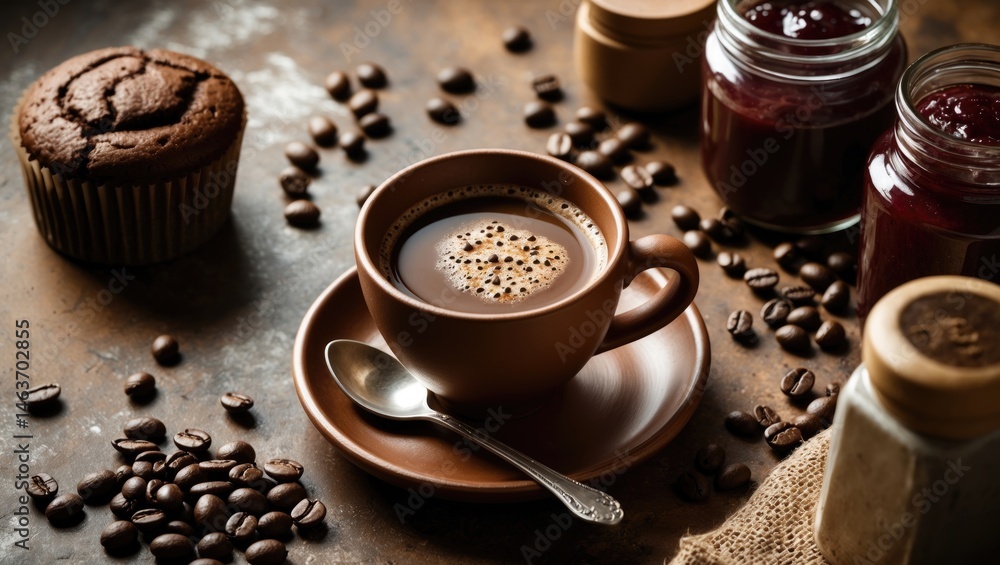 Fototapeta premium Preparing coffee in a clay cup with beans and chocolate cake top-down shot on a grunge background
