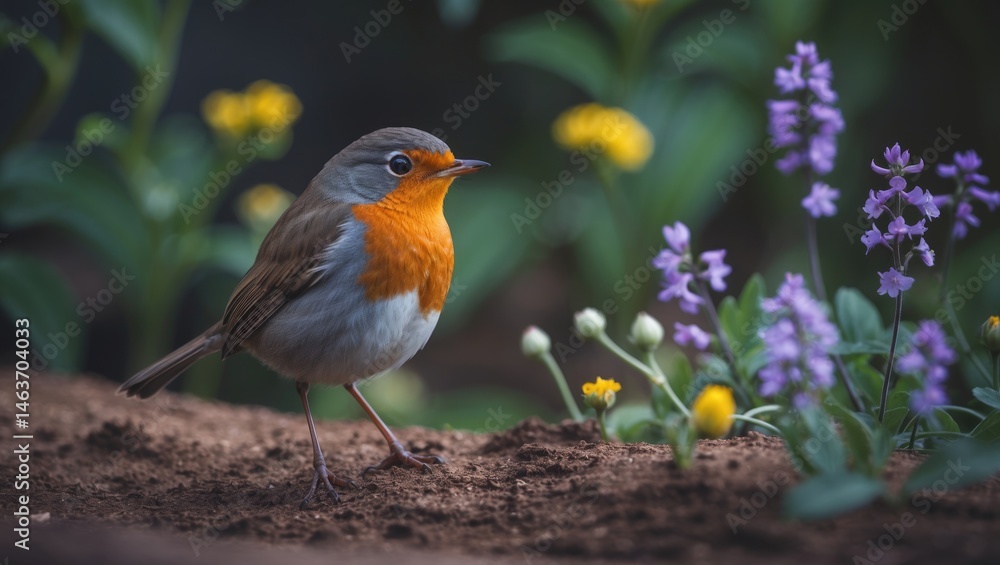 Fototapeta premium Bird species from Europe: the charming orange robin with its singing in Croatia's lush landscapes