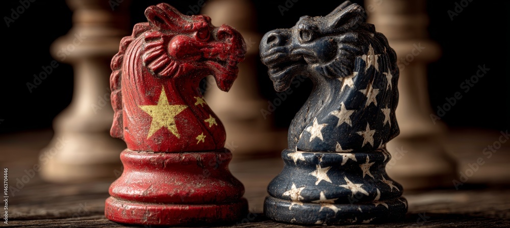 America and China flag paint on chess pawn. Import export trading market. Politic diplomacy. Generative AI technology.