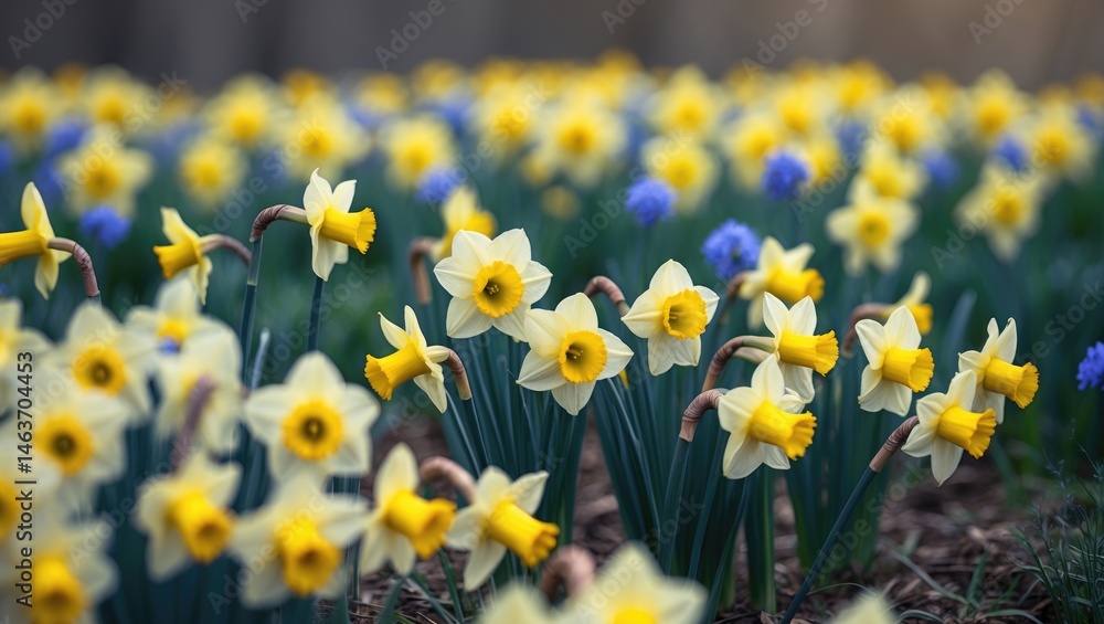 Fototapeta premium Nature Scene with Daffodils and Blossoms in a Green Field