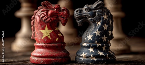 Obraz na płótnie America and China flag paint on chess pawn. Import export trading market. Politic diplomacy. Generative AI technology. w salonie