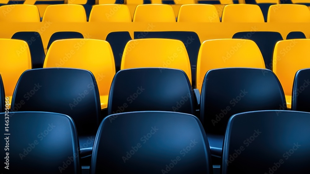 Obraz premium Abstract blue and yellow plastic seats pattern rows of chairs texture background design repeat graphic