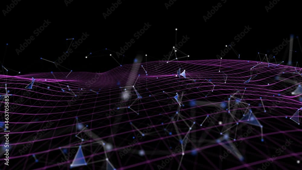 Futuristic background wavy grid quantum computing with poligons broken data on dark . Digital technology concept research lost bytes in ciberspace. Big data.