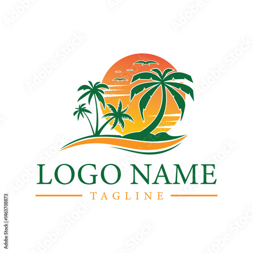 Tropical beach island logo with palm trees and sunset for travel, tourism, summer resort, or vacation brand identity