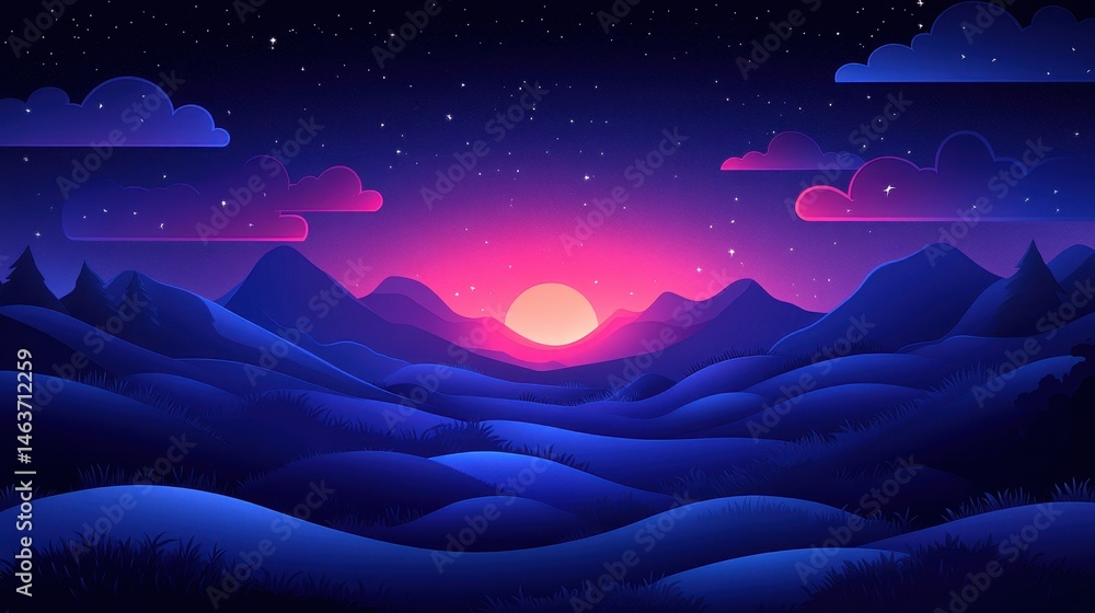 Obraz premium Night mountainscape, pink sunset, starry sky, calm landscape, wallpaper