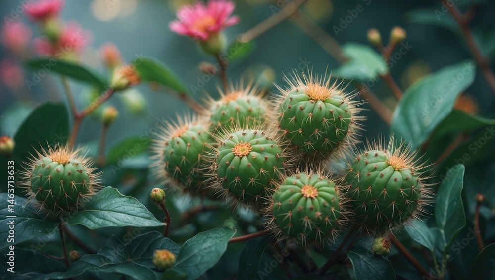 Magnified view of a plant showcasing blooming flowers and rich green foliage Magnified view of a plant showcasing blooming flowers and rich green foliage
