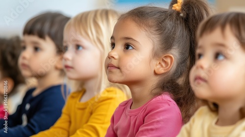 Toddlers attentively looking to the side in classroom setting