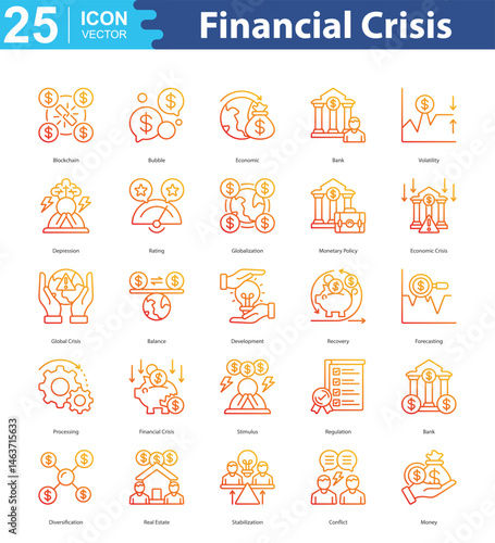 Financial Crisis icon sheet vector illustration blockchain, bubble, economic, bank, volatility, depression, rating, globalization, monetary policy, economic crisis, global crisis, balance, development