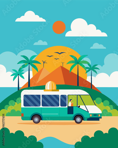 On a remote island tourists are transported to their beach resort in a solarpowered autonomous shuttle enjoying the novelty of a fully sustainable mode of transportation.. Vector illustration