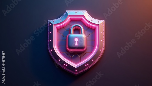 Shield with lock core, 3D cybersecurity symbol